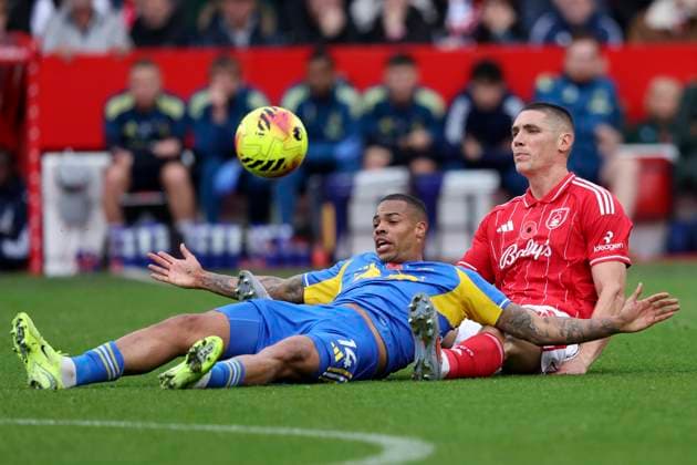 Nottingham Forest v Leeds United - Premier League Lukas Nmecha of Leeds United and Nikola Milenkovic of Nottingham Forest challenge during the Premier League match between Nottingham Forest and Leeds United at City Ground on November 9, 2025 in Nottingham, England. Nottingham City Ground England United Kingdom Copyright: xNealxSimpson Sportsphoto APLx 14140761