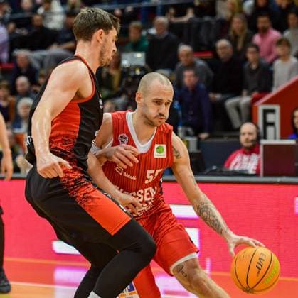 Luca Kahl, Simon Krajcovic 8 Matchday, 2 Bundesliga Pro A, 46ers, Basketball, Basketball season 2025 2026, BBL, Germany, Gießen 46ers Bayer Giants Leverkusen, Gießen in red, Leverkusen in black, Men