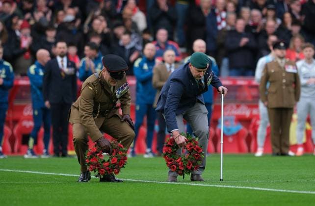 Ex servicemen lay wreaths on the pitch for Remembrance Sunday prior to kick off during the Premier league football match between Nottingham Forest and Leeds United at City Ground in Nottingham. Copyright: xPaulxBonser SportsxPressxPhotox Sportspressphoto_SPR59582