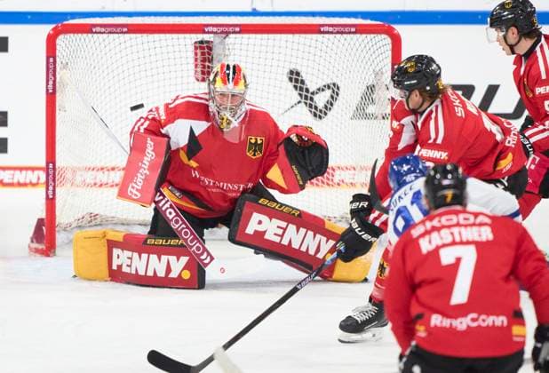 Maximilian Franzreb goalkeeper of Germany defend at the match GERMANY - SLOVAKIA DEB Ice hockey, Eishockey DEUTSCHLAND CUP in Landshut, Germany, November 9, 2025, Season 2025 2026.