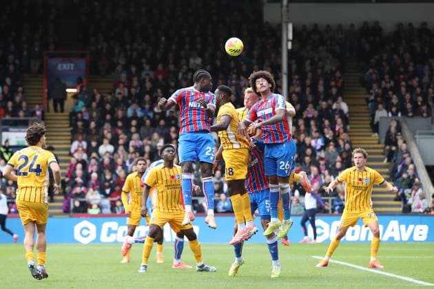 9th November 2025; Selhurst Park, Selhurst, London, England; Premier League Football, Crystal Palace versus Brighton and Hove Albion; Jaydee Canvot and Chris Richards of Crystal Palace jump for a header from an incoming long throw  KatiexChan