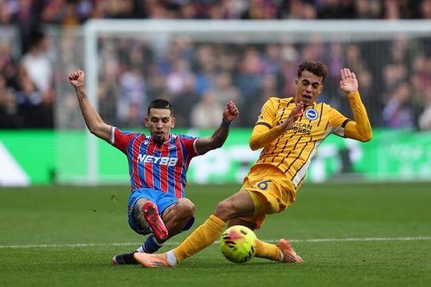 9th November 2025; Selhurst Park, Selhurst, London, England; Premier League Football, Crystal Palace versus Brighton and Hove Albion; Daniel Munoz of Crystal Palace clears from Yasin Ayari of Brighton &amp; Hove Albion  KatiexChan