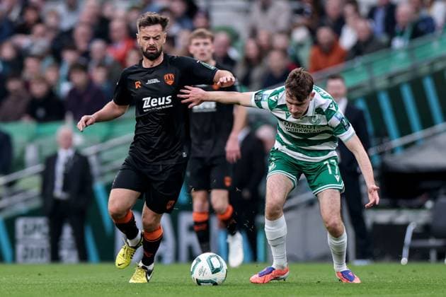 2025 Sports Direct FAI Cup Final, Aviva Stadium, Dublin 9 11 2025 Shamrock Rovers vs Cork City Cork City s Greg Bolger with Matt Healy of Shamrock Rovers Greg Bolger with Matt Healy 9 11 2025  Copyright: x INPHO BenxBradyx BB3_0146