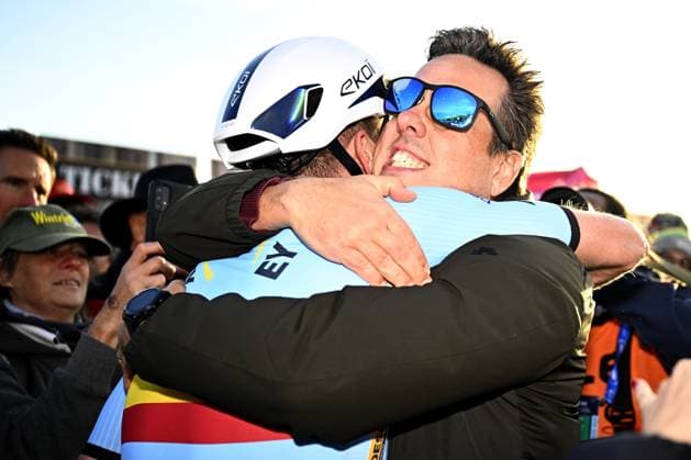 Belgian Toon Aerts celebrates after winning the elite men race at the UEC Cyclocross European Championships, Sunday 09 November 2025, in Middelkerke. JASPERxJACOBS  x140436468x