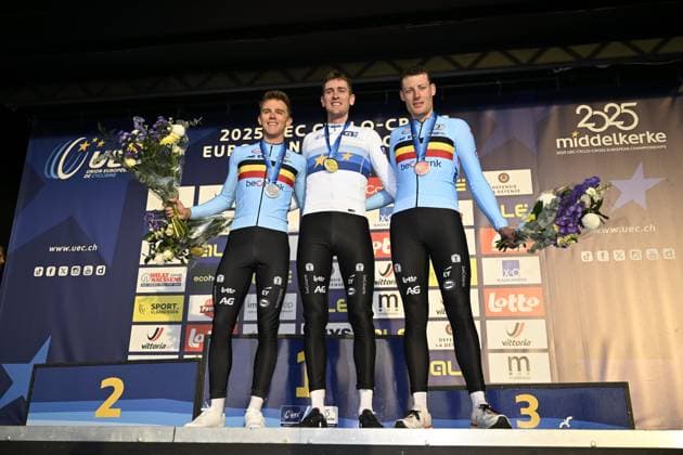 2025 UEC Cyclo-Cross EC - Men Elite MIDDELKERKE, BELGIUM - NOVEMBER 09 : Nys Thibau (BEL), Wyseure Joran (BEL) Aerts Toon (BEL) celebrating his victory on the podium during the 2025 UEC Cyclo-Cross European Championships for Men Elite on November 09, 2025 in Middelkerke, Belgium, 09 11 2025 Middelkerke Belgium  Copyright: xNicoxVereeckenx