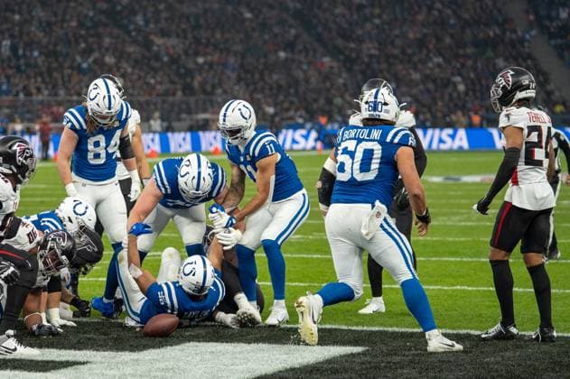 Germany, American Football, NFL, Week 10, 2025 2026, Indianapolis Colts Atlanta Falcons on 09 11 in Berlin Olympiastadion Touchdown Colts Taylor Copyright: xSvenxHeidmannx