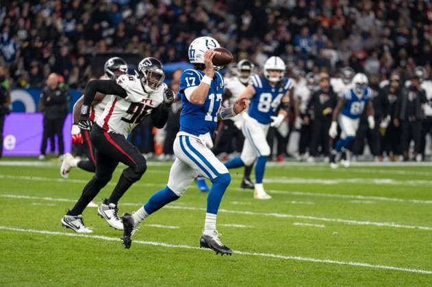 Germany, American Football, NFL, Week 10, 2025 2026, Indianapolis Colts Atlanta Falcons on 09 11 in Berlin Olympiastadion Daniel Jones QB, Indianapolis Colts Copyright: xSvenxHeidmannx