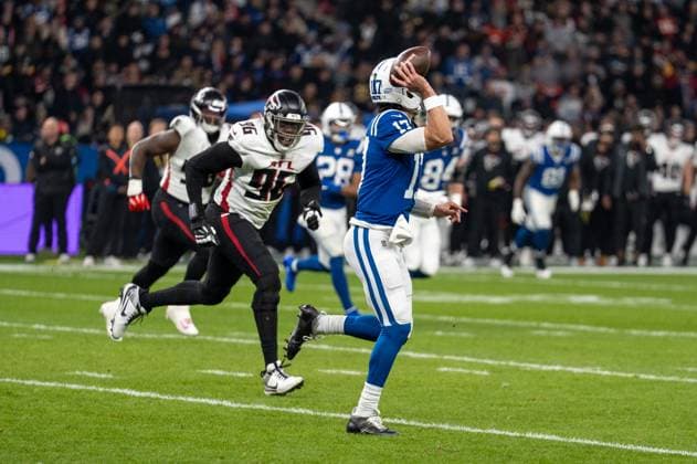 Germany, American Football, NFL, Week 10, 2025 2026, Indianapolis Colts Atlanta Falcons on 09 11 in Berlin Olympiastadion Daniel Jones QB, Indianapolis Colts Copyright: xSvenxHeidmannx