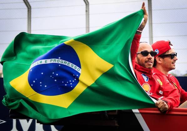 Grande Premio MSC Fórmula 1 Brasil SaO PAULO, SP - 09.11.2025: GRANDE PREMIO MSC FoRMULA 1 BRASIL - Brazilian Formula 1 Grand Prix MSC Cruises, in Sao Paulo, this Sunday (09) at the JosÃ Carlos Pace racetrack in Interlagos, south of the capital of Sao Paulo. In the photo, drivers Lewis Hamilton and Charles Leclerc of Scuderia Ferrari, during the drivers& 39; parade. (Photo: Aloisio Mauricio Fotoarena) x2839002x  AloisioxMauricio