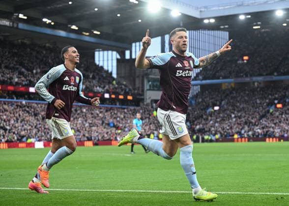 Birmingham, England, 9th November 2025. Ross Barkley of Aston Villa celebrates scoring his sides third goal during the Aston Villa vs AFC Bournemouth Premier League match at Villa Park, Birmingham. Picture credit should read: Cody Froggatt Sportimage EDITORIAL USE ONLY. No use with unauthorised audio, video, data, fixture lists, club league logos or live services. Online in-match use limited to 120 images, no video emulation. No use in betting, games or single club league player publications. SPI_039_CF_ASTON_VILLA_V_BOURNEMOUTH SPI-4279-0039