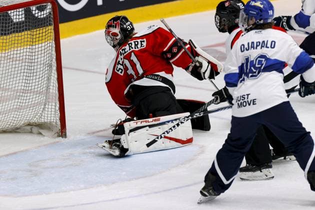 Camilla Ojapalo 19 of Finland and goalkeeper Laurie St-Pierre 31 of Canada vie during ringette world championships final match Finland vs Canada in Lahti on November 9, 2025. Lahti Finland LKFTVX20251109181220JJLQ  Copyright: xPepexKorteniemix LKFTVX20251109181220JJLQ