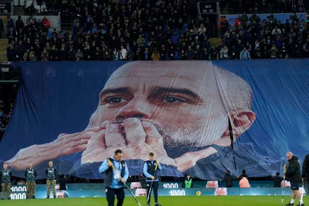 Manchester, England, 9th November 2025. Fans Tribute to Pep Guardiola coach of Manchester City 1000th game during the Manchester City vs Liverpool Premier League match at the Etihad Stadium, Manchester. Picture credit should read: Andrew Yates Sportimage EDITORIAL USE ONLY. No use with unauthorised audio, video, data, fixture lists, club league logos or live services. Online in-match use limited to 120 images, no video emulation. No use in betting, games or single club league player publications. SPI_018_AY_Man_City_Liverpool SPI-4280-0017