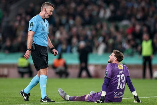 2025 Sports Direct FAI Cup Final, Aviva Stadium, Dublin 9 11 2025 Shamrock Rovers vs Cork City Referee Paul Norton with goalkeeper Conor Brann of Cork City Paul Norton with Conor Brann 9 11 2025  Copyright: x INPHO BenxBradyx BB3_1618