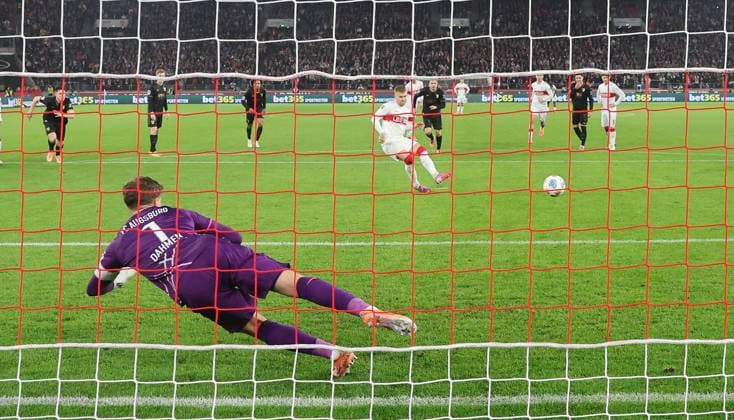 Stuttgart , Bundesliga Soccer VfB Stuttgart vs FC Augsburg , Maximilian Mittelstaädt VfB converts a penalty against Finn Dahmen Augs for a 1-1 goal According to the regulations of the DFL German Soccer League, it is prohibited to use or have used photographs taken in the stadium and or of the match in the form of sequential images and or video-like photo series