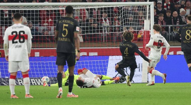 Stuttgart , Bundesliga Soccer VfB Stuttgart vs FC Augsburg , Goal to 1 2 , Scorer Han Noah Massengo 4 According to the regulations of the DFL German Soccer League, it is prohibited to use or have used photographs taken in the stadium and or of the match in the form of sequential images and or video-like photo series