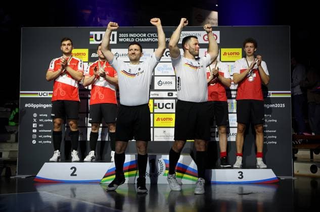 BAU 09 11 2025 Göppingen Artistic Cycling UCI Indoor Cycling World Championships 2025, Cycle Ball award ceremony, Bernd Mlady GER and Raphael Kopp GER cheering in front