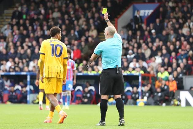 9th November 2025; Selhurst Park, Selhurst, London, England; Premier League Football, Crystal Palace versus Brighton and Hove Albion; A penalty kick to Brighton &amp; Hove Albion is overturned after referee Tim Robinson is sent to the pitch side monitor resulting in a yellow card to Georginio Rutter of Brighton &amp; Hove Albion for diving  KatiexChan