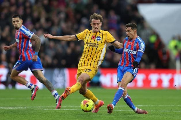9th November 2025; Selhurst Park, Selhurst, London, England; Premier League Football, Crystal Palace versus Brighton and Hove Albion; Mats Wieffer of Brighton &amp; Hove Albion and Yeremi Pino of Crystal Palace  KatiexChan