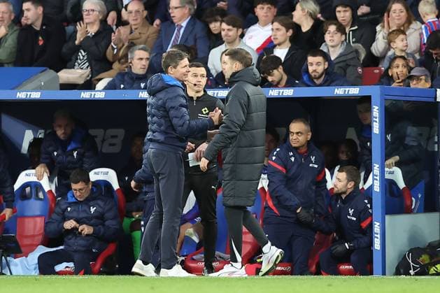 9th November 2025; Selhurst Park, Selhurst, London, England; Premier League Football, Crystal Palace versus Brighton and Hove Albion; Post match handshakes between Crystal Palace manager Oliver Glasner and Brighton &amp; Hove Albion manager Fabian Hurzeler  KatiexChan