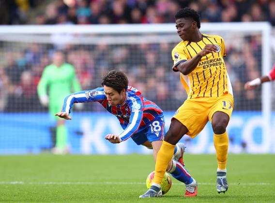 London, England, 9th November 2025. Daichi Kamada of Crystal Palace and Carlos Baleba of Brighton and Hove Albion challenge for the ball during the Crystal Palace vs Brighton and Hove Albion Premier League match at Selhurst Park, London. Picture credit should read: Paul Terry Sportimage EDITORIAL USE ONLY. No use with unauthorised audio, video, data, fixture lists, club league logos or live services. Online in-match use limited to 120 images, no video emulation. No use in betting, games or single club league player publications. SPI_037_PT_Crystal_Palace_Brighton SPI-4277-0037