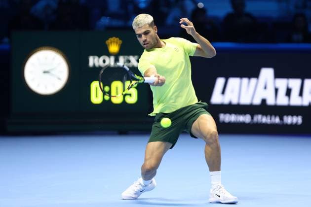 Carlos Alcaraz (Spain) controls the ball, Day 1, Nitto ATP, Tennis Herren Finals 2025, INALPI Arena, November 9, 2025, Turin, Italy.
