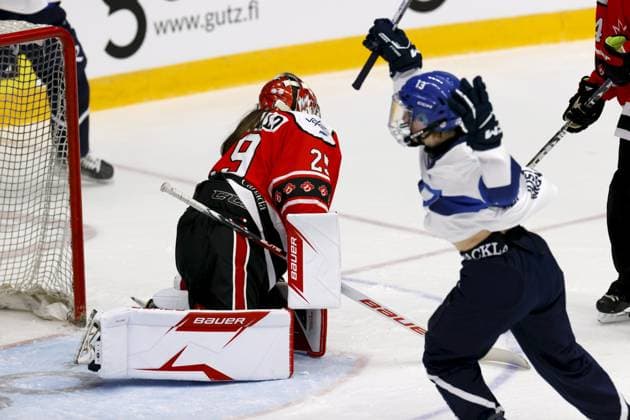 Ida Adler 13 of Finland celebrates goal as goalkeeper Sarah MacDonald 29 of Canada reacts during ringette world championships final match Finland vs Canada in Lahti on November 9, 2025. Lahti Finland LKFTVX20251109190923KWUB  Copyright: xPepexKorteniemix LKFTVX20251109190923KWUB