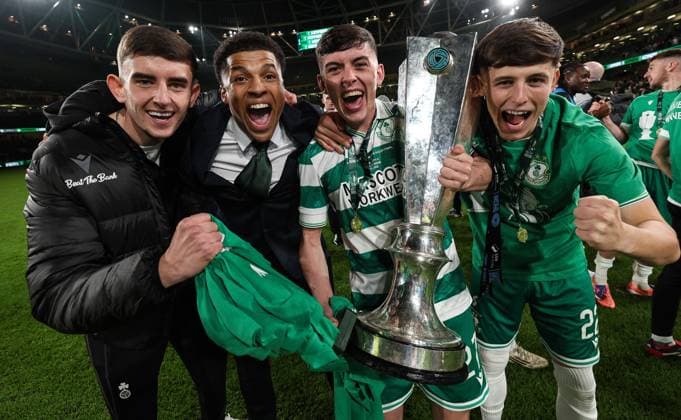 2025 Sports Direct FAI Cup Final, Aviva Stadium, Dublin 9 11 2025 Shamrock Rovers vs Cork City Shamrock Rovers John O Sullivan, Todd Bazunu, Cory O Sullivan and Cian Barrett celebrate after the match John O Sullivan, Todd Bazunu, Cory O Sullivan and Cian Barrett celebrate after the match 9 11 2025  Copyright: x INPHO BenxBradyx BB2_2159