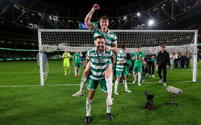 2025 Sports Direct FAI Cup Final, Aviva Stadium, Dublin 9 11 2025 Shamrock Rovers vs Cork City Shamrock Rovers Roberto Lopes and John McGovern celebrate after the match Roberto Lopes and John McGovern celebrate after the match 9 11 2025  Copyright: x INPHO RyanxByrnex RB1_4096