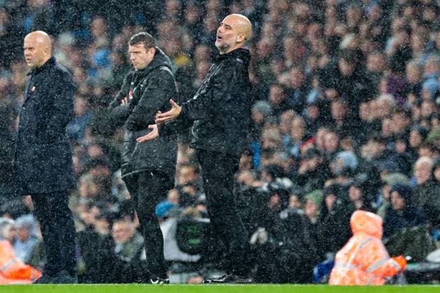 Premier League Manchester City v Liverpool Pep Guardiola Manchester City manager reacts during the Premier League match Manchester City vs Liverpool at Etihad Stadium, Manchester, United Kingdom, 9th November 2025 (Photo by Mark Cosgrove News Images) Manchester Etihad Stadium Manchester United, ManU Kingdom Copyright: xMarkxCosgrove NewsxImagesx