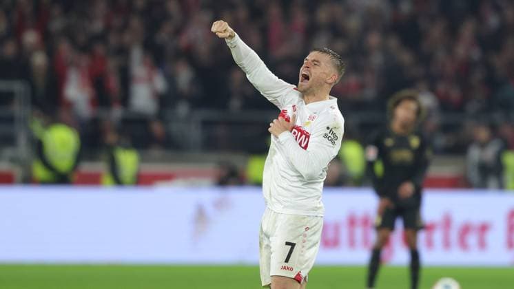 Stuttgart , Bundesliga Soccer VfB Stuttgart vs FC Augsburg , Maximilian Mittelstädt VfB celebrates the 3 2 victory According to the regulations of the DFL German Soccer League, it is prohibited to use or have used photographs taken in the stadium and or of the match in the form of sequential images and or video-like photo series
