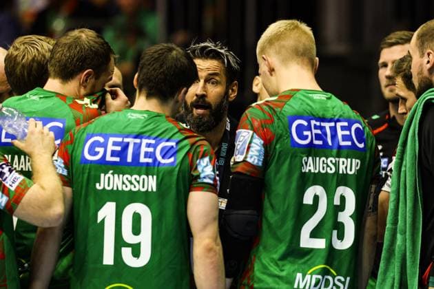 Coach Bennet Wiegert SC Magdeburg with his players Handball Bundesliga season 2025 2026 SC Magdeburg vs Rhein Neckar Löwen at the GETEC Arena in Magdeburg Handball,Germany,09 11 2025