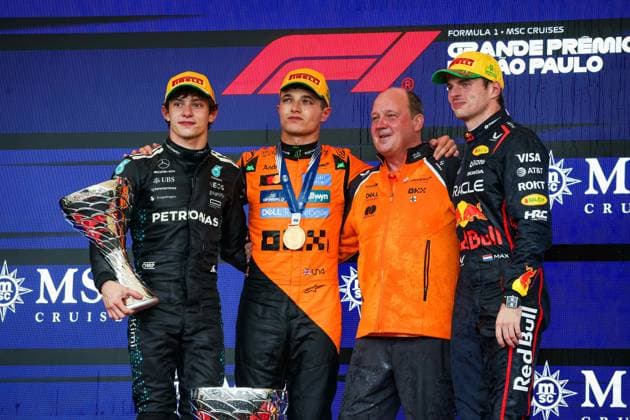 F1 - SAO PAULO GRAND PRIX 2025 KIMI ANTONELLI Andrea (ita), Mercedes AMG F1 Team W16, NORRIS Lando (gbr), McLaren F1 Team MCL39, VERSTAPPEN Max (ned), Red Bull Racing RB21, during the 2025 Formula 1 Grande Premio de Sao Paulo, 2025 Sao Paulo Grand Prix, 21th round of the 2025 FIA Formula One World Championship, WM, Weltmeisterschaft from November 7 to 9, 2025 on the Interlagos, in Sao Paulo, Brazil - Sao PauloBrazil Copyright: xFLORENTxGOODENx