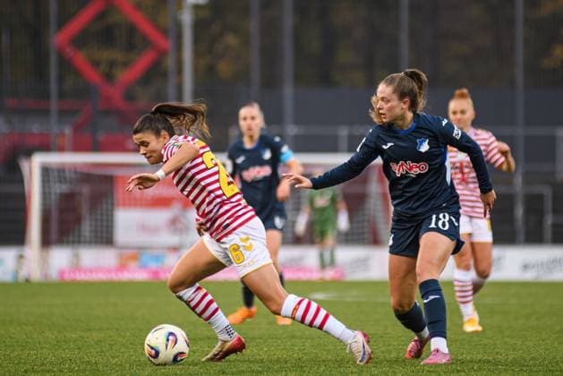 COLOGNE, GERMANY - 9 NOVEMBER, 2025: Valesca Ampoorter, Martyna Wiankowska - The football match of Frauen Bundesliga 1. FC Koeln vs TSG Hoffenheim at Franz Kremer Stadium.  Copyright: xVITALIIxKLIUIEVx