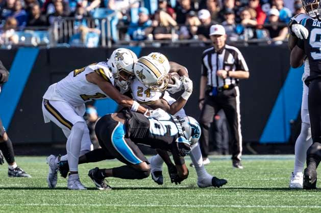 November 9, 2025, Charlotte, North Carolina, U.S: October 12, 2025, Charlotte, North Carolina, USA: New Orleans Saints running back Devin Neal (24) during the first half of the game at Bank of America Stadium. Charlotte U.S - ZUMAw123 20251109_fap_w123_018 Copyright: xJasonxWallex