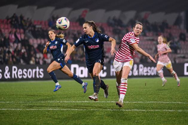 COLOGNE, GERMANY - 9 NOVEMBER, 2025: Jamilla Rankin, Sandra Maria Jessen - The football match of Frauen Bundesliga 1. FC Koeln vs TSG Hoffenheim at Franz Kremer Stadium.  Copyright: xVITALIIxKLIUIEVx