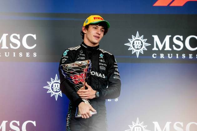 F1 - SAO PAULO GRAND PRIX 2025 KIMI ANTONELLI Andrea (ita), Mercedes AMG F1 Team W16, portrait PODIUM during the 2025 Formula 1 Grande Premio de Sao Paulo, 2025 Sao Paulo Grand Prix, 21th round of the 2025 FIA Formula One World Championship, WM, Weltmeisterschaft from November 7 to 9, 2025 on the Interlagos, in Sao Paulo, Brazil - Sao PauloBrazil  Copyright: xALBERTOxVIMERCATIx