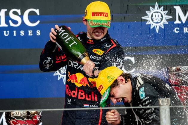 F1 - SAO PAULO GRAND PRIX 2025 VERSTAPPEN Max (ned), Red Bull Racing RB21, portrait KIMI ANTONELLI Andrea (ita), Mercedes AMG F1 Team W16, portrait PODIUM during the 2025 Formula 1 Grande Premio de Sao Paulo, 2025 Sao Paulo Grand Prix, 21th round of the 2025 FIA Formula One World Championship, WM, Weltmeisterschaft from November 7 to 9, 2025 on the Interlagos, in Sao Paulo, Brazil - Sao PauloBrazil Copyright: xALBERTOxVIMERCATIx