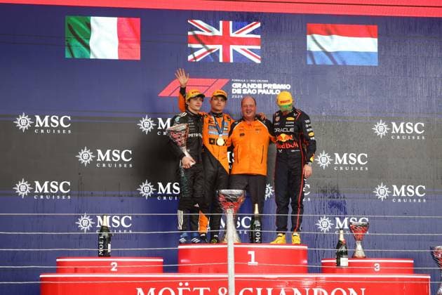 F1 - SAO PAULO GRAND PRIX 2025 podium KIMI ANTONELLI Andrea (ita), Mercedes AMG F1 Team W16, NORRIS Lando (gbr), McLaren F1 Team MCL39, VERSTAPPEN Max (ned), Red Bull Racing RB21, portrait during the 2025 Formula 1 Grande Premio de Sao Paulo, 2025 Sao Paulo Grand Prix, 21th round of the 2025 FIA Formula One World Championship, WM, Weltmeisterschaft from November 7 to 9, 2025 on the Interlagos, in Sao Paulo, Brazil - Sao PauloBrazil Copyright: xANTONINxVINCENTx