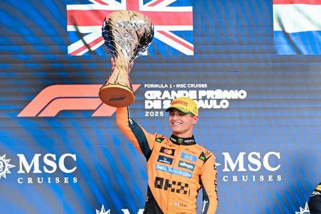 Lando Norris of McLaren on the podium after the F1 Grand Prix of Brazil at Autodromo Jose Carlos Pace on November 09, 2025 in Sao Paulo, Brazil. (Photo by Richard Callis SPP)  Copyright: xRichardxCallis SPPx Sportspressphoto_SPR59971