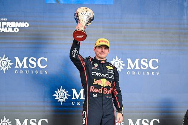 Max Verstappen of Red Bull on the podium after the F1 Grand Prix of Brazil at Autodromo Jose Carlos Pace on November 09, 2025 in Sao Paulo, Brazil. (Photo by Richard Callis SPP)  Copyright: xRichardxCallis SPPx Sportspressphoto_SPR59978