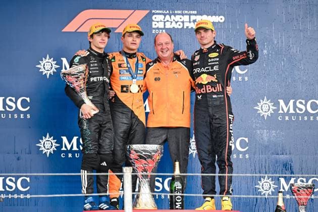 Lando Norris of McLaren, Kimi Antonelli of Mercedes-AMG, Max Verstappen of Red Bull and Mark Norris, Director of Commercial Trackside Operations at McLaren on the podium after the F1 Grand Prix of Brazil at Autodromo Jose Carlos Pace on November 09, 2025 in Sao Paulo, Brazil. (Photo by Richard Callis SPP)  Copyright: xRichardxCallis SPPx Sportspressphoto_SPR59984