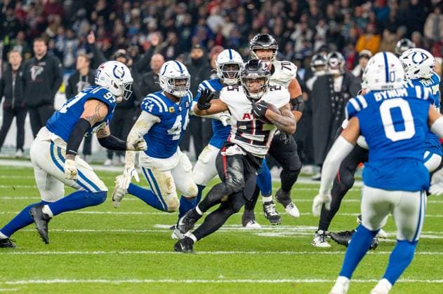 Germany, American Football, NFL, Week 10, 2025 2026, Indianapolis Colts Atlanta Falcons on 09 11 in Berlin Olympiastadion Tyler Allgeier RB, Atlanta Falcons Copyright: xSvenxHeidmannx