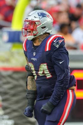 November 9, 2025, Tampa, Florida, USA: New England Patriots defensive tackle JAQUELIN ROY (94) celebrates at the National Football League Week 10 game between the New England Patriots and the Tampa Bay Buccaneers, New England Patriots win 28-23, at Raymond James Stadium. Tampa USA - ZUMAs335 20251109_znp_s335_026 Copyright: xMatthewxSmithx