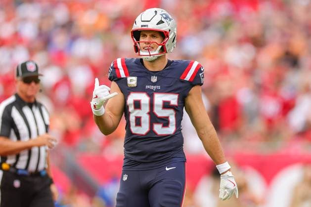 November 9, 2025, Tampa, Florida, USA: New England Patriots tight end HUNTER HENRY (85) talks to his teammate at the National Football League Week 10 game between the New England Patriots and the Tampa Bay Buccaneers, New England Patriots win 28-23, at Raymond James Stadium. Tampa USA - ZUMAs335 20251109_znp_s335_016 Copyright: xMatthewxSmithx