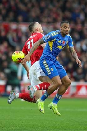 Nottingham, England, 9th November 2025. Lukas Nmecha of Leeds United and Nikola Milenkovic of Nottingham Forest during the Nottingham Forest vs Leeds United Premier League match at the City Ground, Nottingham. Picture credit should read: James Baylis Sportimage EDITORIAL USE ONLY. No use with unauthorised audio, video, data, fixture lists, club league logos or live services. Online in-match use limited to 120 images, no video emulation. No use in betting, games or single club league player publications. SPI_109_JB_NOTTS_FOREST_LEEDS SPI-4278-0108
