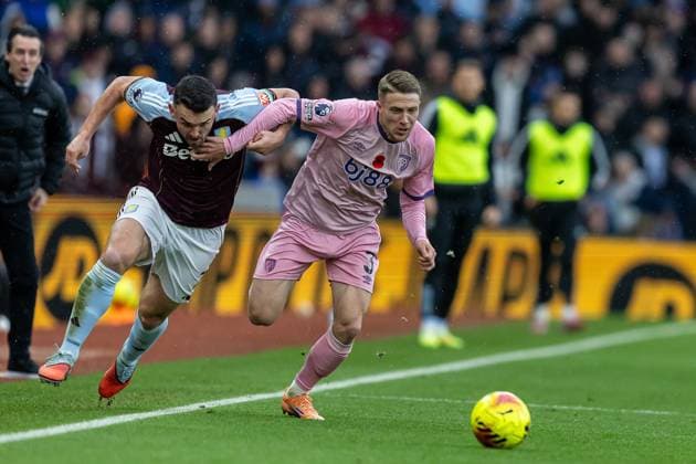 Aston Villa v Bournemouth Premier League 09 11 2025. Bournemouth defender Adrien Truffert (3) battles for possession with Aston Villa midfielder John McGinn (7) during the Premier League match between Aston Villa and Bournemouth at Villa Park, Birmingham, England on 9 November 2025. Editorial use only DataCo restrictions apply See www.football-dataco.com , Copyright: xManjitxNarotrax PSI-23205-0064
