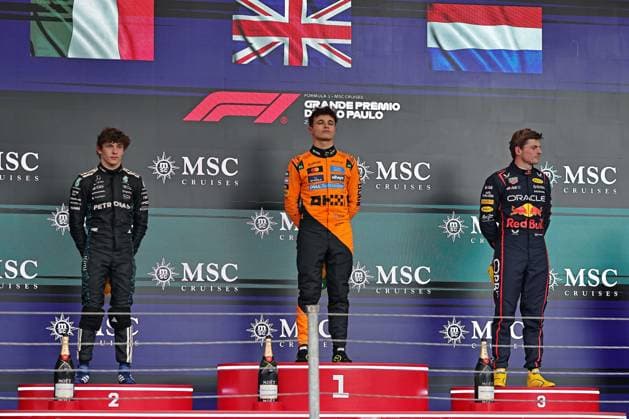 9th November 2025; Sao Paulo, Brazil: (L-R) Second-place winner Kimi Antonelli (ITA) Mercedes AMG Petronas F1 Team W16, first-place winner Lando Norris (GBR) McLaren F1 Team MCL39 Mercedes and third-place winner Max Verstappen (NED) Oracle Red Bull Racing RB21 Honda after the F1 Grand Prix of Brazil at Autodromo Jose Carlos Pace  HeulerxAndrey