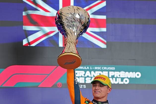 9th November 2025; Sao Paulo, Brazil: First-placed winner Lando Norris (GBR) McLaren F1 Team MCL39 Mercedes celebrate after the F1 Grand Prix of Brazil at Autodromo Jose Carlos Pace  HeulerxAndrey