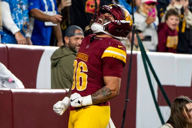 Washington Commanders running back Chris Rodriguez Jr. (36) celebrates scoring a touchdown during the second quarter of a game against the Detroit Lions at Northwest Stadium in Landover, Maryland on Sunday, November 9, 2025. The Lions beat the Commanders 44-22.  WAP20251109345 BONNIExCASH