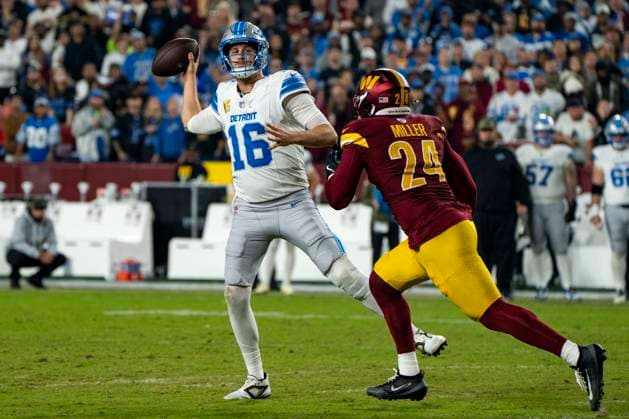 Detroit Lions quarterback Jared Goff (16) passes the ball as Washington Commanders linebacker Von Miller advances during the third quarter of a game at Northwest Stadium in Landover, Maryland on Sunday, November 9, 2025. The Lions beat the Commanders 44-22.  WAP20251109363 BONNIExCASH